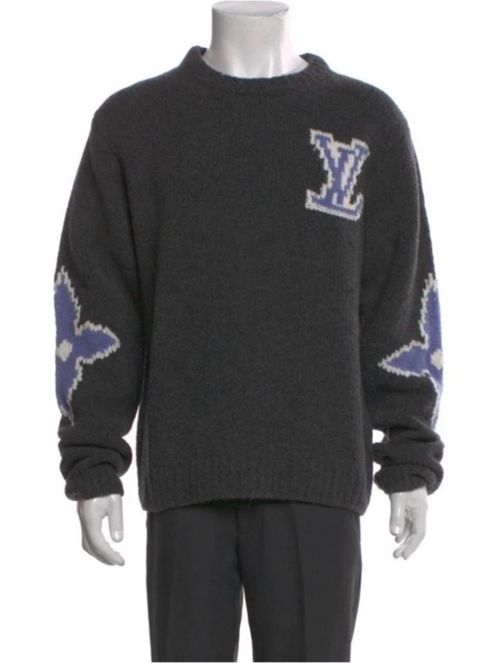Louis Vuitton Charcoal Crewneck Sweater with Blue Logo Accents